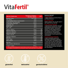 Detaillierte Nährwertangaben auf der Rückseite einer VitaFertile Packung, Fokus auf glutenfreie und lactosefreie Kennzeichnung.