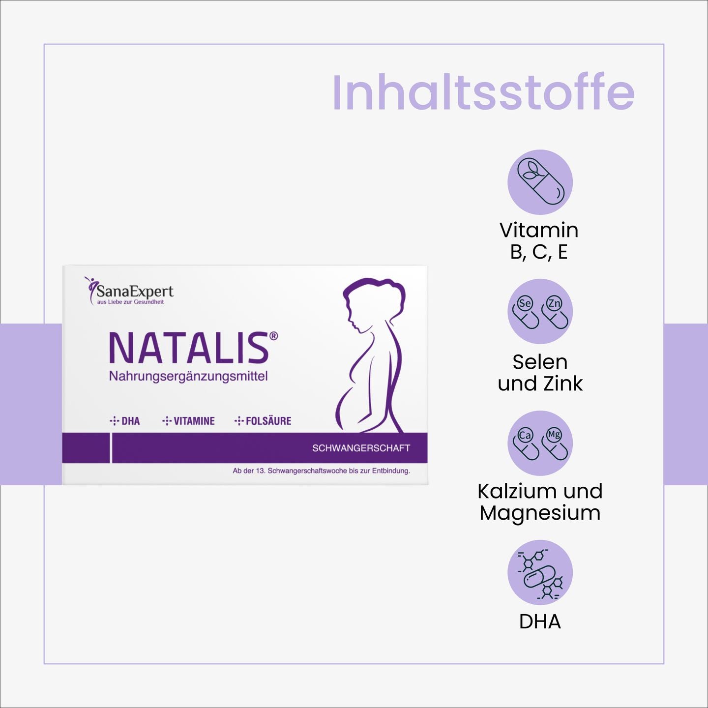 Grafische Darstellung der Hauptinhaltsstoffe von Natalis, darunter Vitamine B, C, E, Selen, Zink, Kalzium, Magnesium und DHA.