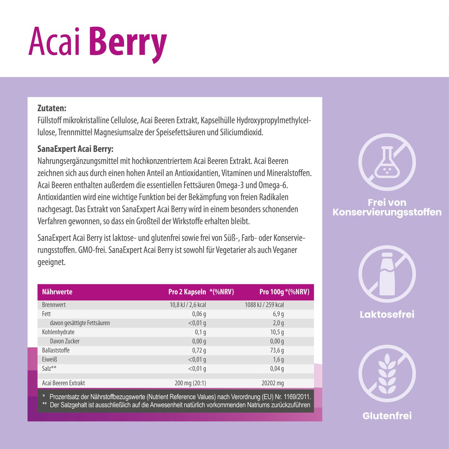 Detaillierte Nährwertangaben und Zutatenliste der SanaExpert Acai Berry Kapseln auf weißem Hintergrund.