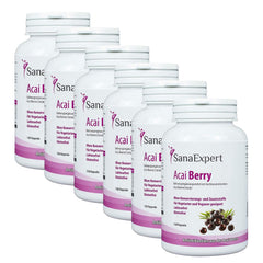 Sechs Flaschen SanaExpert Acai Berry Nahrungsergänzungsmittel gestaffelt aufgestellt auf weißem Hintergrund.