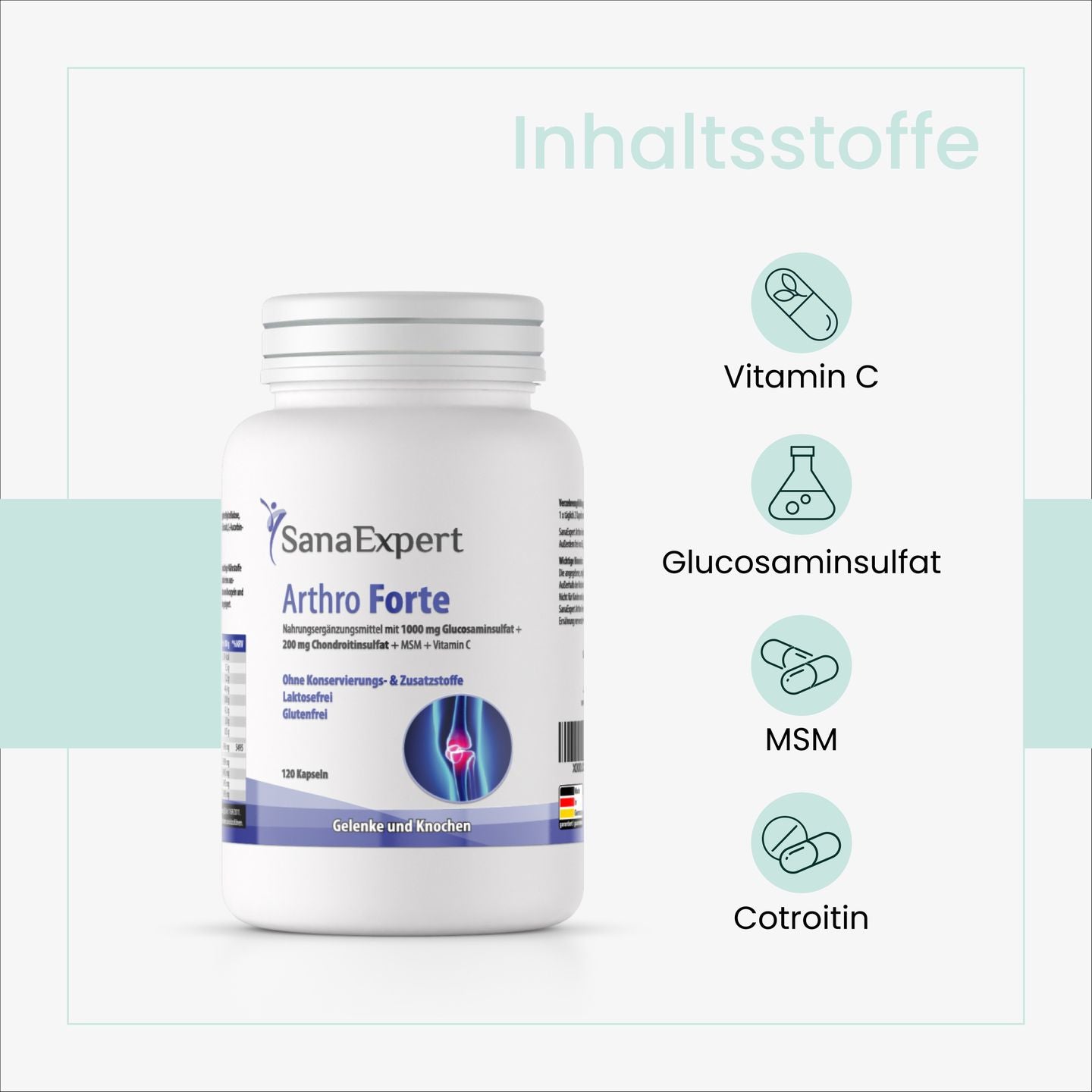 Informative Darstellung der Schlüsselinhaltsstoffe von SanaExpert Arthro Forte, einschließlich Vitamin C, Glucosaminsulfat, MSM und Chondroitin, illustriert mit Symbolen auf hellblauem Hintergrund.