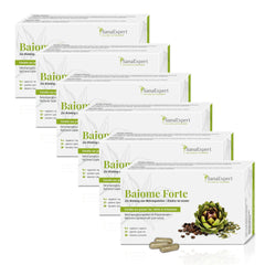 Sechs Schachteln von SanaExpert Baiome Forte in zwei Reihen übereinander gestapelt, hervorgehoben als Nahrungsergänzungsmittel mit Pflanzenextrakten und glutenfrei.