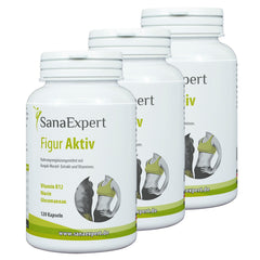 Drei Flaschen von SanaExpert Figur Aktiv nebeneinander aufgestellt, fokussiert auf die Etikettendetails mit Hinweisen auf die Hauptinhaltsstoffe wie Glucomannan und Vitamine.