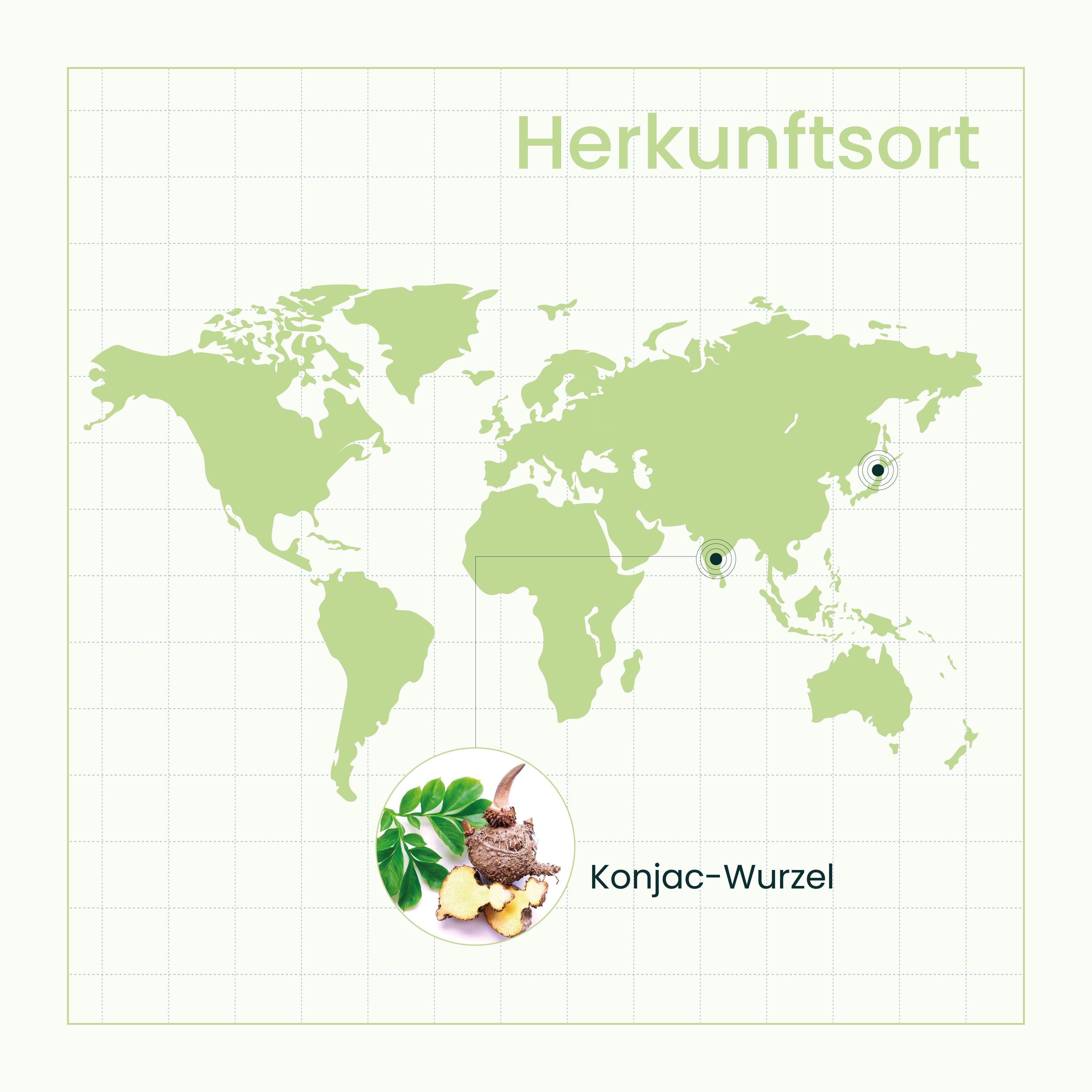 Weltkarte in grünem Farbton mit hervorgehobenen Standortmarkierungen und einem Bild der Konjak-Wurzel, veranschaulicht globale Herkunftsorte von Inhaltsstoffen.