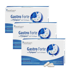 Drei Packungen von SanaExpert Gastro Forte gestapelt auf weißem Hintergrund, hervorgehoben wird Pylori® mit 200 mg.