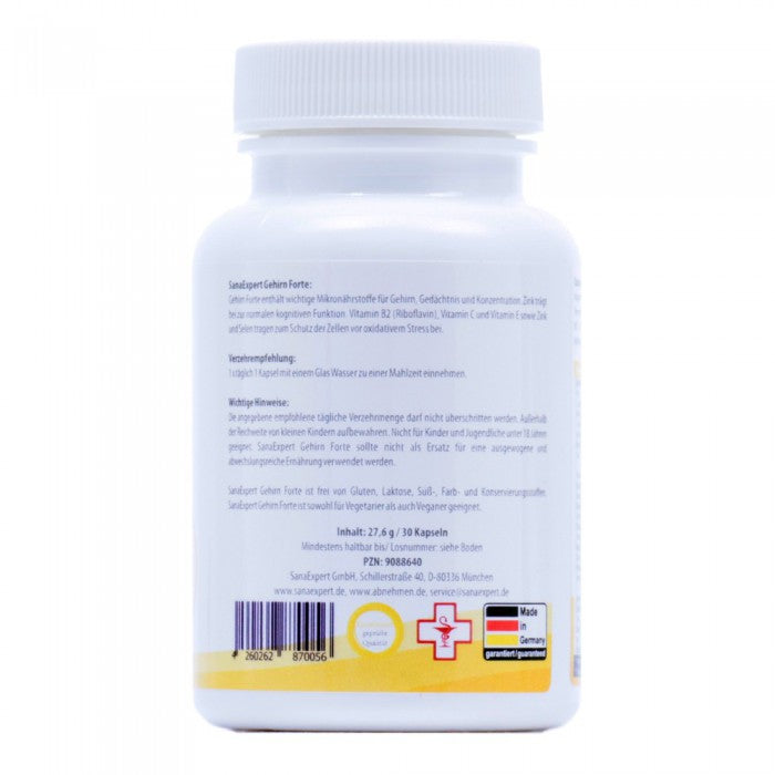 Rückseite einer weißen Flasche von SanaExpert Gehirn Forte mit Produktinformationen und Inhaltsstoffen auf Deutsch.