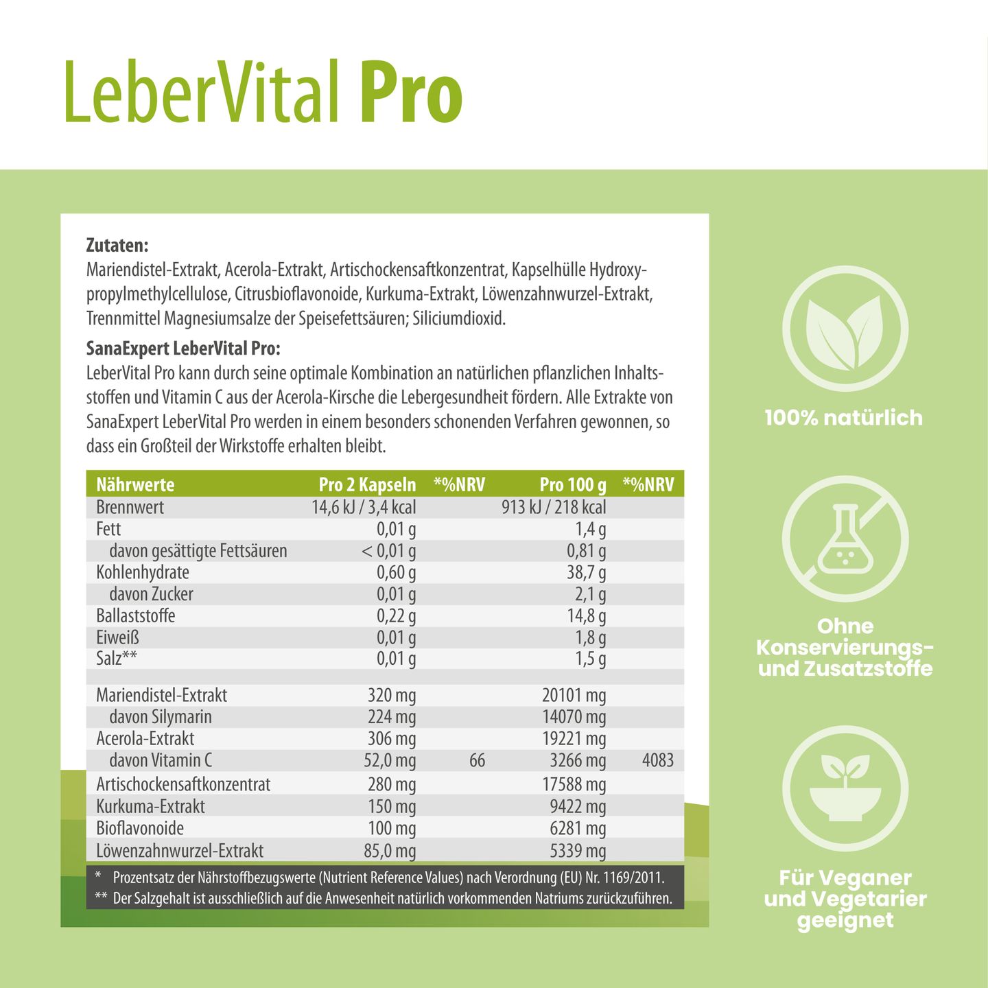 Detaillierte Nährwert- und Zutateninformationen auf LeberVital Pro Verpackung, betont natürliche Inhaltsstoffe und Eignung für Veganer und Vegetarier.