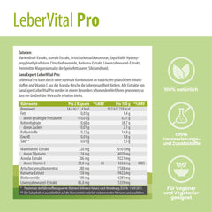 Detaillierte Nährwert- und Zutateninformationen auf LeberVital Pro Verpackung, betont natürliche Inhaltsstoffe und Eignung für Veganer und Vegetarier.