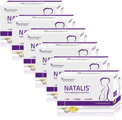 Sechs Natalis Pre Nahrungsergänzungsmittel-Boxen in Weiß und Lila, nebeneinander auf weißem Hintergrund angeordnet.