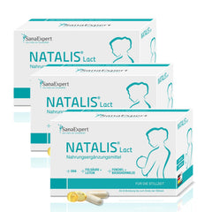 Drei Boxen von Natalis Lact Nahrungsergänzungsmitteln für die Stillzeit mit DHA, Folsäure, Lutein, sowie Fenchel- und Bockshornklee-Extrakten.