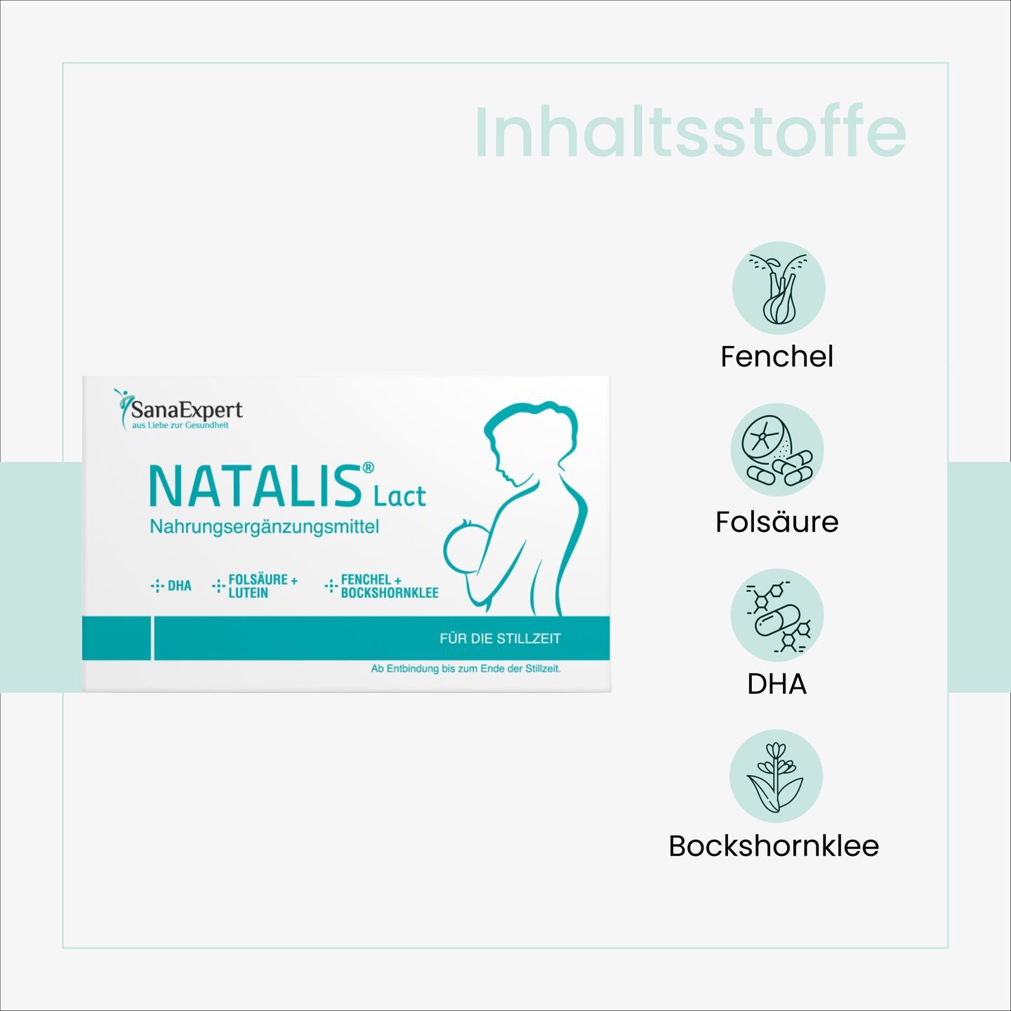 Grafische Darstellung der Hauptinhaltsstoffe von Natalis Lact, einschließlich Fenchel, Folsäure, DHA und Bockshornklee, für die Stillzeit.