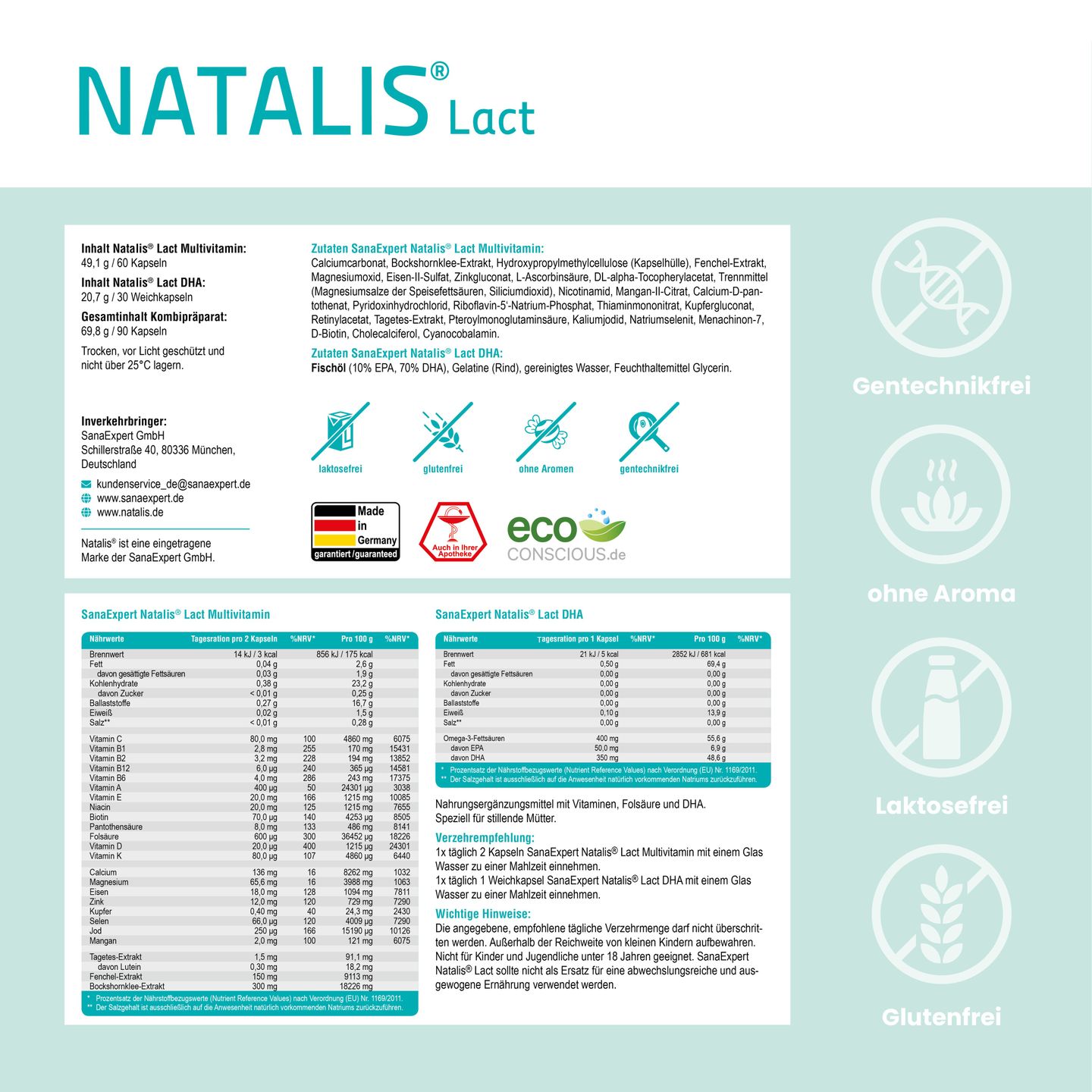 Detaillierte Produktinformationen und Nährwertangaben von Natalis Lact, mit Hinweisen auf die genfreie Herstellung und Laktosefreiheit des Produkts.