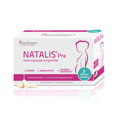 NATALIS® Pre Nahrungsergänzungsmittelbox in Pink mit Informationen über Vitamine und Mineralstoffe für Schwangere.