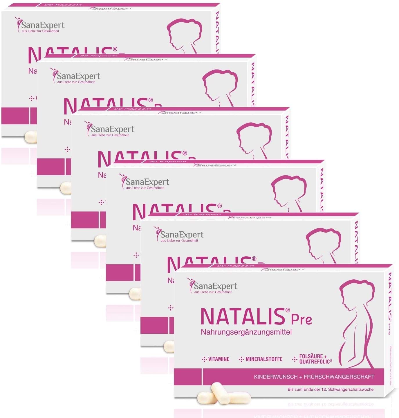 Sechs NATALIS® Pre Boxen mit Nahrungsergänzungsmitteln für die Frühschwangerschaft.