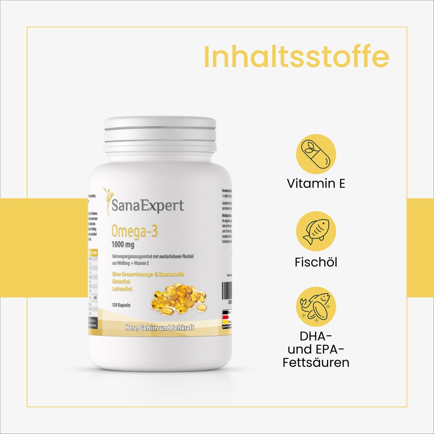 SanaExpert Omega-3 Flasche mit Schwerpunkt auf die wesentlichen Inhaltsstoffe wie Vitamin E, Fischöl sowie DHA- und EPA-Fettsäuren, präsentiert auf einem minimalistischen gelben Hintergrund.