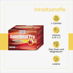 Verpackung von SportVital Pro mit Aufschrift der Inhaltsstoffe L-Carnitin, Vitamine A, B, C, E, Zink, Eisen, Magnesium und Luteina, auf gelbem Hintergrund.