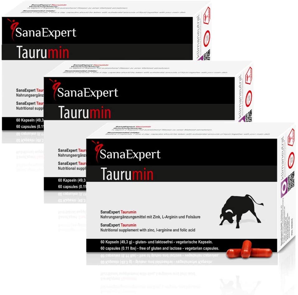 Drei Packungen von SanaExpert Taurumin Nahrungsergänzungsmitteln gestapelt auf weißem Hintergrund.